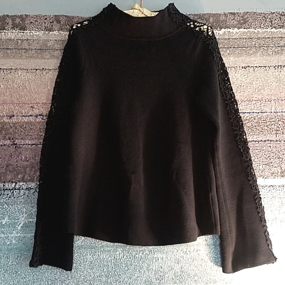 Anthropologie Crochet Sleeve Funnel Neck Sweater